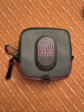 Coach Black Leather Compact Crossbody with Plum Trim